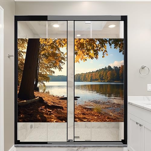 Wonderful Forest Scene Window Privacy FilmFall Modern Rustic Scenery Stained Glass Window Coverings No Glue Static Cling Window Film for Home Office Stores 23.6Wx35.4L-inch x2 Pcs