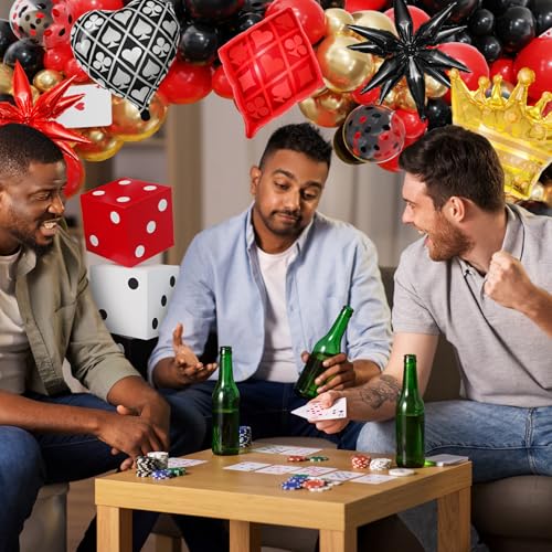 Image of 144PCS Casino Theme Party Decorations Dice Boxes | Black Red Dice Crown Poker Star Foil Casino Balloon Arch Kit for Las Vegas Game Themed Casino Night Birthday Party Supplies