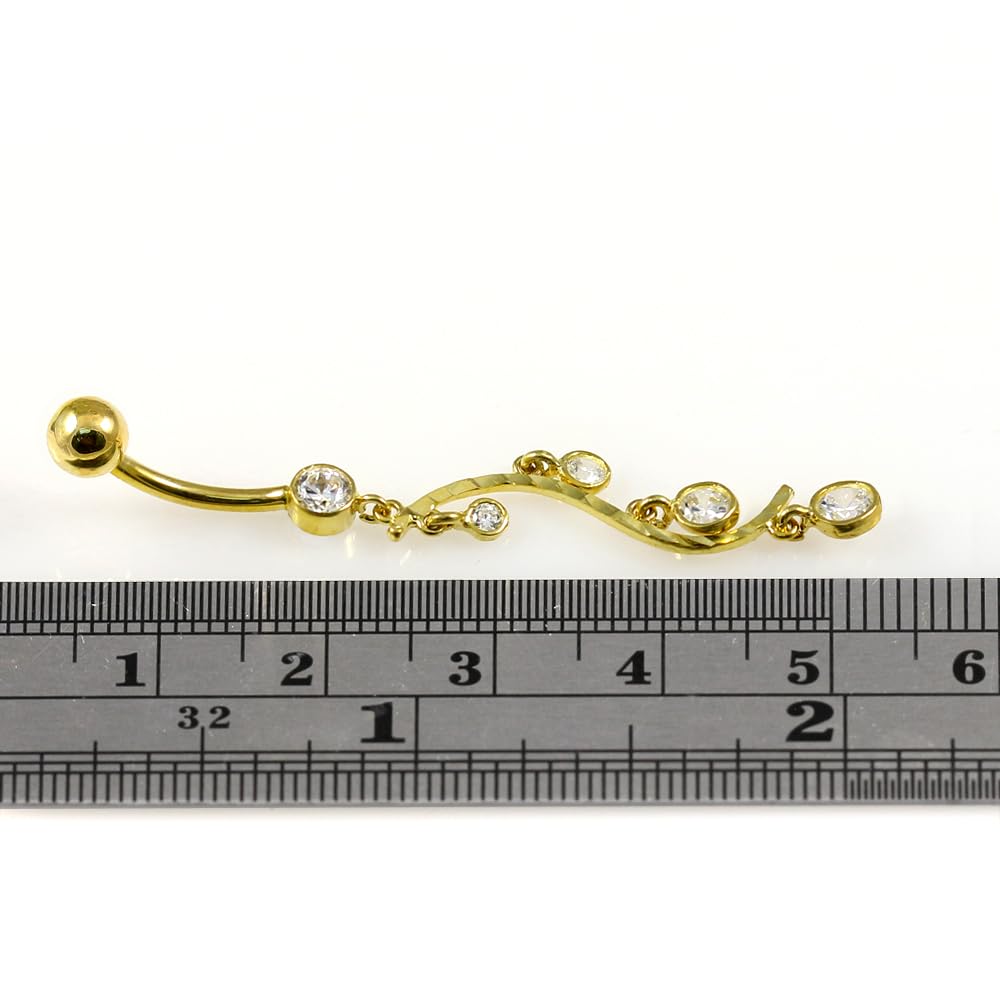 Piercing para el ombligo de oro amarillo macizo de 14 quilates con circonita cúbica y rama floral, joyería para el ombligo de 14 quilates, calibre 14, 14 Gauge - 12mm Length, Circonia