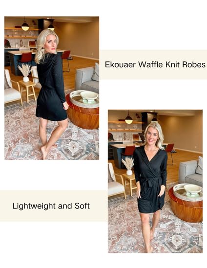 Ekouaer Robes for Women Waffle Knit Hooded Bathrobe Lightweight Robe Soft Knee Length Sleepwear with Pockets2