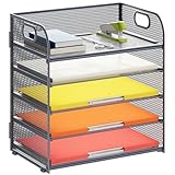 Lavatino 5 Tray Desk File Organizer, Mesh Paper Sorter Letter Tray Organizer with Handle, Desktop File Organizer and Storage for Letter/A4 Office File Folder- Grey