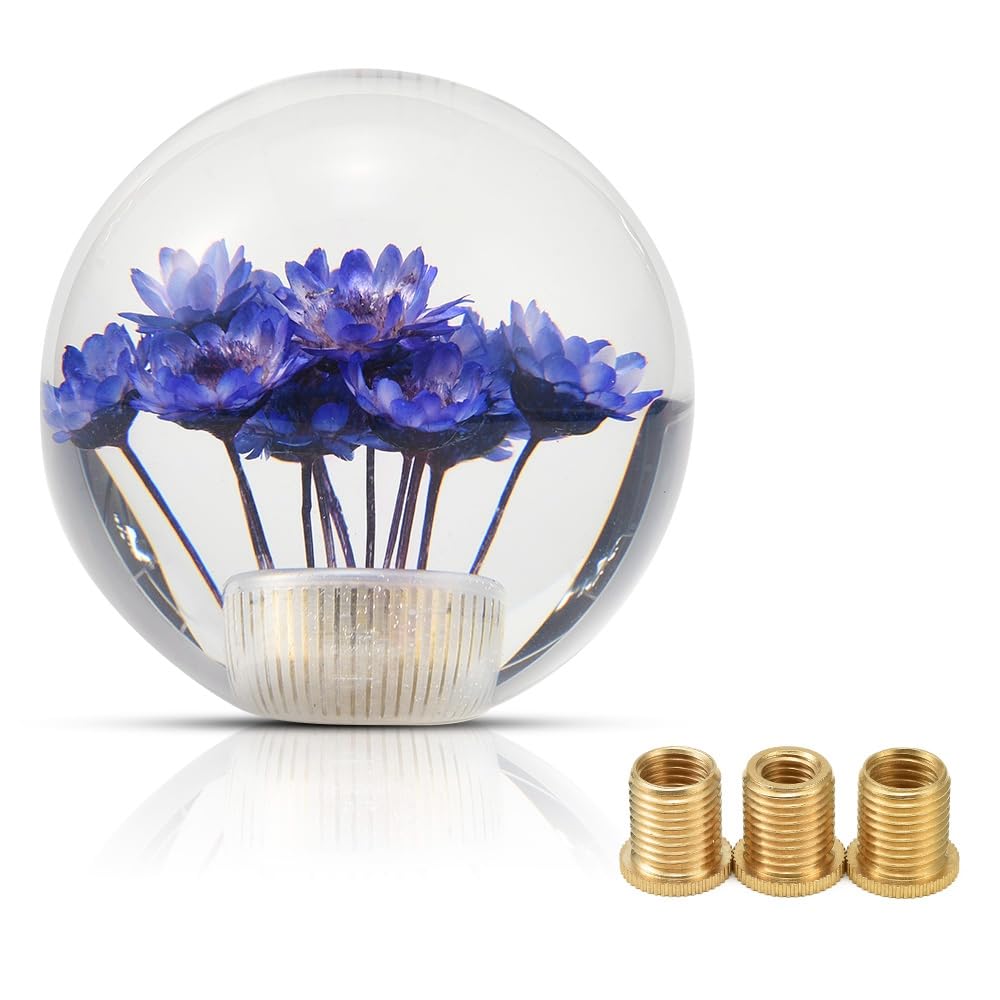 XIMINZ Round Ball Shift Knob Purple Flower Aluminium Alloy Acrylic Car Gear Shifter Knob with 3 Adapters Shift Handle Universal Fit for Most Automatic