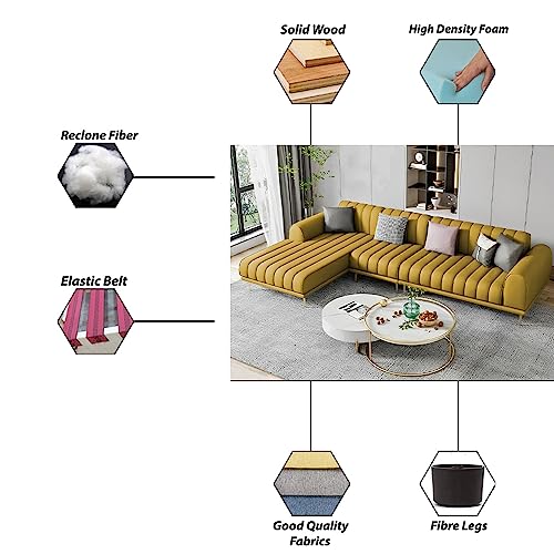 Image of Casaliving Herrick LHS 6 Seater L Shape Sofa SetWith 2 Puffy for Living Room (Yellow) Premium Velvet Fabric Sofa