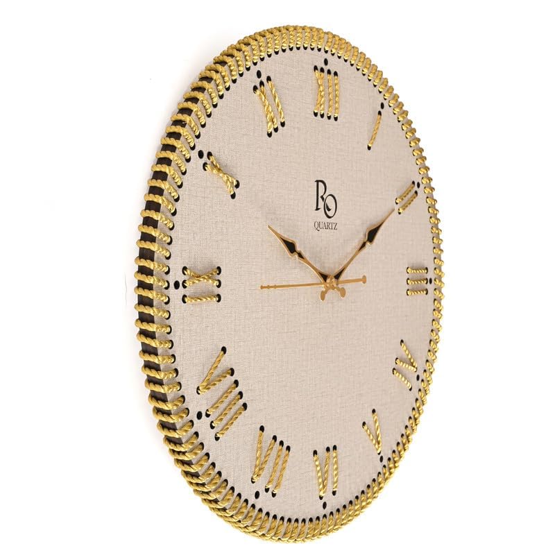 Image of Wooden Round Shape Roman Dial Wall Clock with Gold Zari Rope Detailing and Golden Hands | Silent Quartz Movement Anti Reflection Analog Vintage Clock for Office & Home (Ivory, 15.5 Inch)
