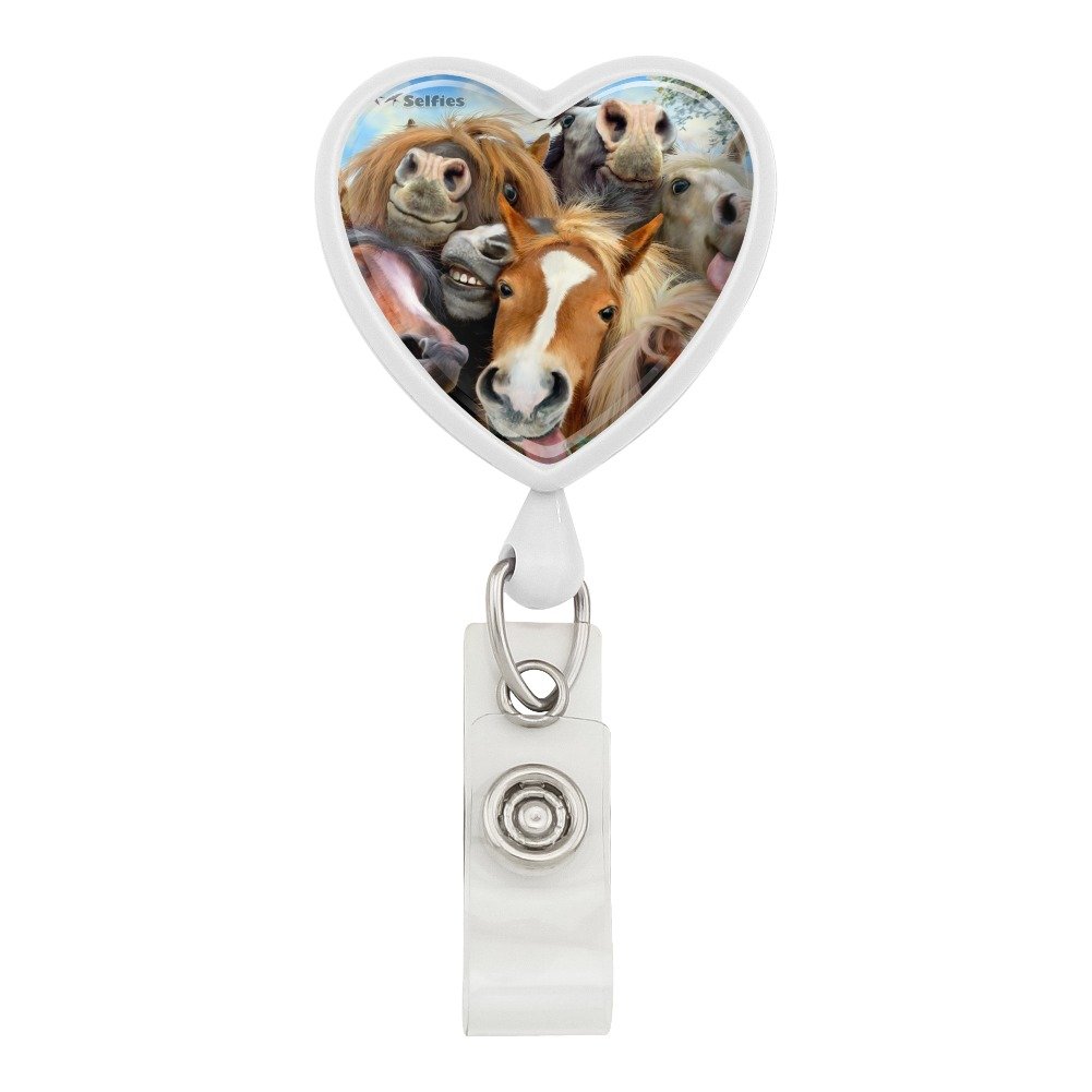 Horses Selfie Heart Lanyard Retractable Reel Badge ID Card Holder - White