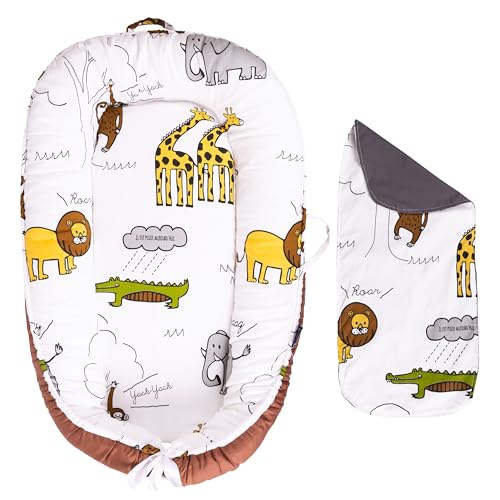 Image of Baby Lounger - Infant & Newborn Lounger with 2-Inch Mattress Pad, Soft Baby Lounger Cover, Waterproof Urine Liner & Waterproof Pad Cover - BL03 Cotton Brown Zoo Animals