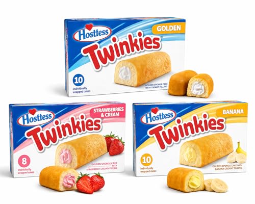 Hosttess Twinkies Sponge Cake Variety Pack, Golden, Strawberry Crème, and Banana, Individually Wrapped (3-pack)