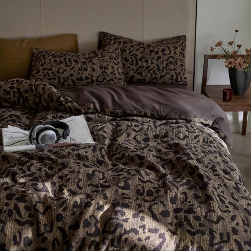 Freyamy Bettwäsche 135x200 Braun Leoparden Bettwäsche-Sets Vintage Leopard Aesthetic Bettwäsche Set Microfaser ÖKO-TEX Bettbezug 1 Deckenbezug mit Reißverschluss und 1 Kissenbezug 80x80cm