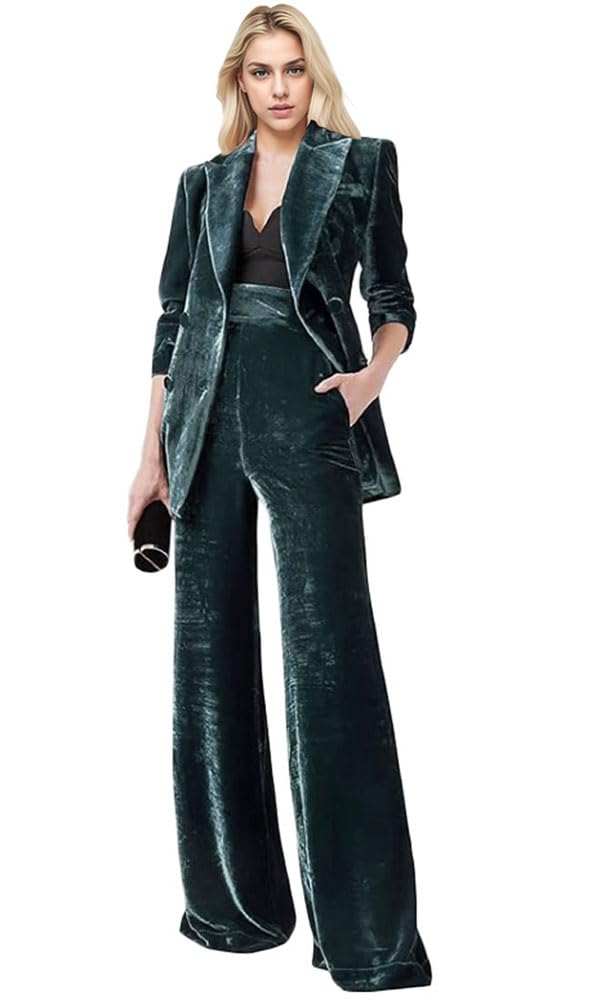 Botong Women's Velvet Blazer & Pants Business Suit Set, Teal, Large