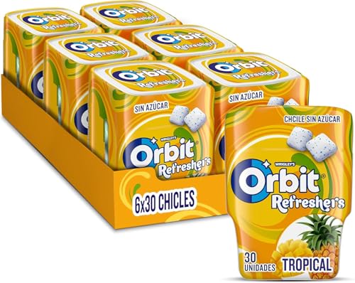 Orbit Bote de Chicles Sin Azúcar Sabor Tropical, Afrutado, Intenso y de Larga Duración en formato Gragea (6 x 30 chicles)
