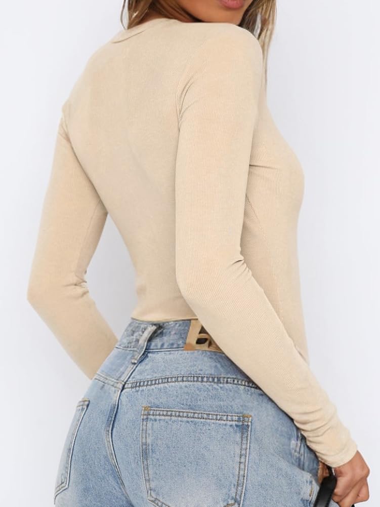 Body sexy para mujer, cuello en V profundo, con botones, manga larga, para otoño 2024, trajes de cuerpo para salir, Albaricoque, Pequeña 3