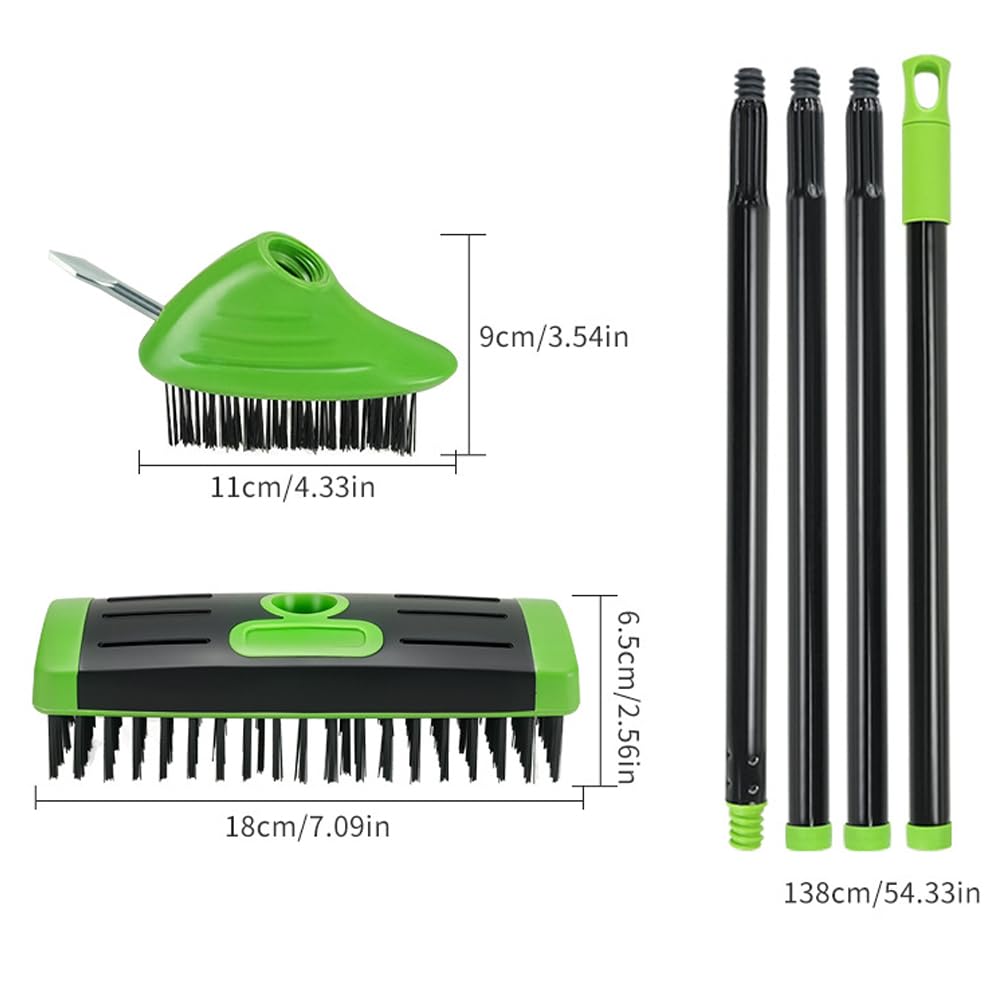 Lot de 2 brosses polyvalentes 3 en 1 avec tête métallique et racloir, outil de nettoyage de la mousse, poignée amovible pour jardin, allée, vert