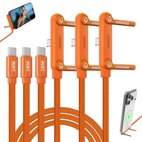 Image of Invisible Holder Charger Cable, 240W USB C to Lightning Cable 1.5M /4.9FT Braided Fast Charging Cord, 90 degree Connector & 360 Adjustable Stand for iphone, Gaming, Home, Office, Orange, 3 PACK