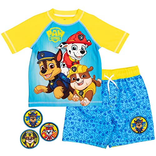 Paw Patrol Chase Marshall Rubble Toddler Boys Swim Rash Guard Swim Trunks Set Yellow/Blue 4T