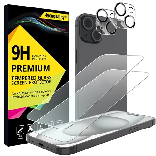 4youquality [4-in-1 Screen Protector for iPhone 15 Plus with Camera Lens Protector Tempered Glass Film 2-Pack Each [LifetimeSupport][Impact-Resistant][Anti-Scratch][Ultra-Transparent]