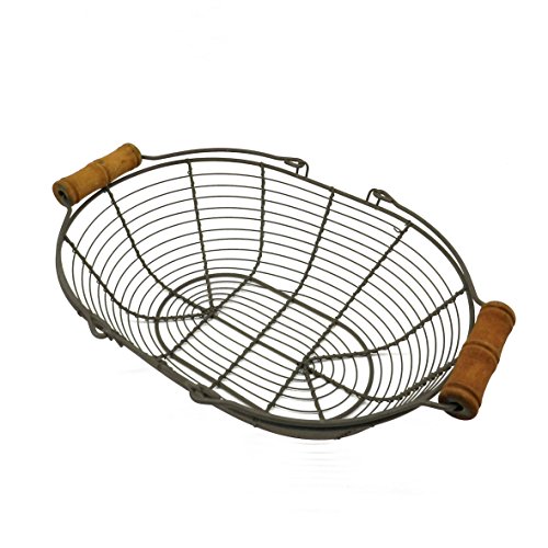 CVHOMEDECO. Oval Metal Wire Egg Basket Wire Basket with Wooden