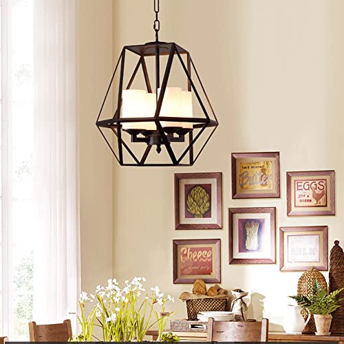Chandelier industriel cage noire suspension eclairage reglable salon