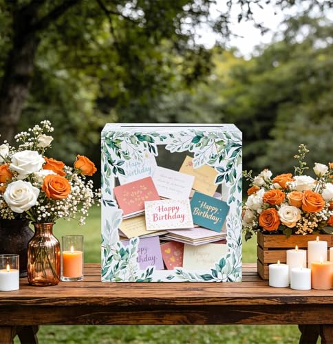 Image of SietDESEO Greenery Floral Card Box for Party with Clear Window Large Gift Card Box Holder for Wedding Reception Birthday Baby Shower Bride Shower Raffle Ticket Box