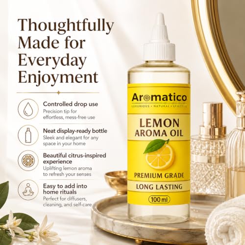 Image of AROMATICO Pure Lemon Aroma Diffuser Oil with Long-Lasting Fragrance for Homes, Offices & Showrooms. Ideal for Diffusers, Reed Diffusers, Air-Purifiers & Candles 100 ml