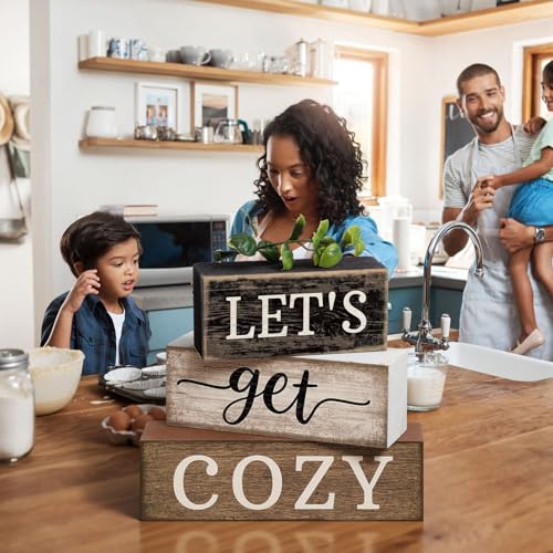 Image of Moucuny 4 Pcs Farmhouse Table Decor Inspirational Wooden Signs Rustic Eucalyptus Leaves Wooden Block Sign Gift Let's Get Cozy Farmhouse Table Centerpiece for Living Room Housewarming Gift