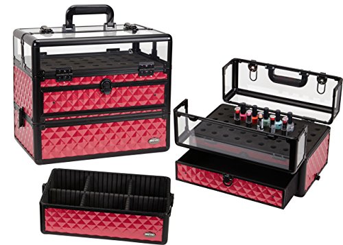 Seya Professional 45 Nail Polish Clear Panel Makeup Artist Organizer Cosmetic Case w/Slide Out Drawer (Hot Pink Diamond)