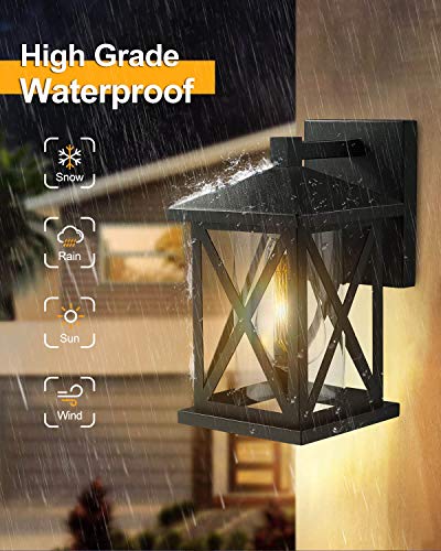 Jazava Outdoor Wall Sconce Light Fixtures 2 Pack, 11.5 inches Height Exterior Wall Mounted Lights Sconces Porch Lantern with Cylinder Clear Glass, Matte Black Finish