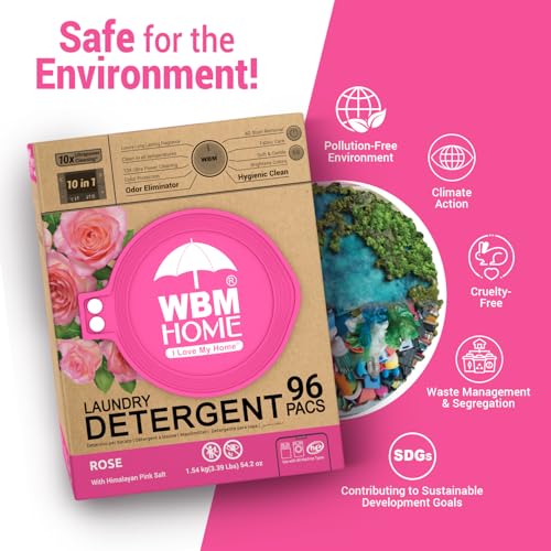 Image of WBM Home 10-in-1 Laundry Pods, Total 96 Count, Ultra Concentrate with Powerful Stain Lifter Technology, Fabric Softener With Rose Extracts, Detergent Pods