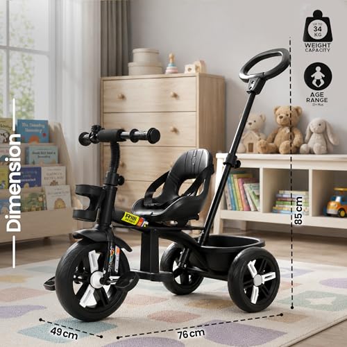 Image of Luusa Elite 500 Kids Tricycle with Parent Push Handle & Safety Seat Belt - Premium 3 Wheel Toddler Cycle with Storage Basket & Comfortable Backrest for 1-4 Years Boys & Girls (Black)