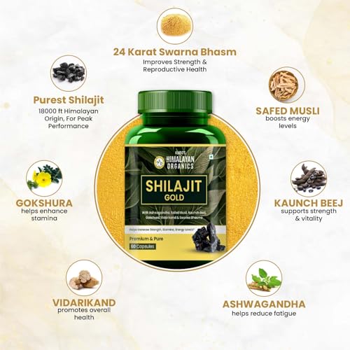 Vlado's Himalayan Organics 100% Pure shilajit Supplement with 24 Carat Gold Bhasam - 1100 MG/ Serving Shilajit Capsules with Ashwagandha, Safed musli, Kaunch beej , Gokshura , Rajat & Swarnat Bhasma +12 more Higy potency Ayurvedic herbs I Extract,75% Fulvic Acid,85+ Trace Minerals | 10x More Powerful Shilajit/shilajeet I Boosts strength, Stamina, Power and Performance , Faster Muscle Recovery ,Restores Vigor and Vitality , Supports Healthy Testosterone Levels , For All Day Energy & Stamina - 60 Natural Capsules - Image 5