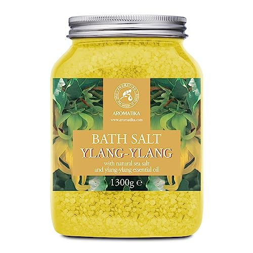 Sal de Baño con Aceite Esencial Ylang Ylang - 1300g - Espuma de Baño - Baños de Burbujas - Cuidado del Cuerpo - Buen Sueño - Bienestar - Relajación - Aromaterapia - Aroma Ylang