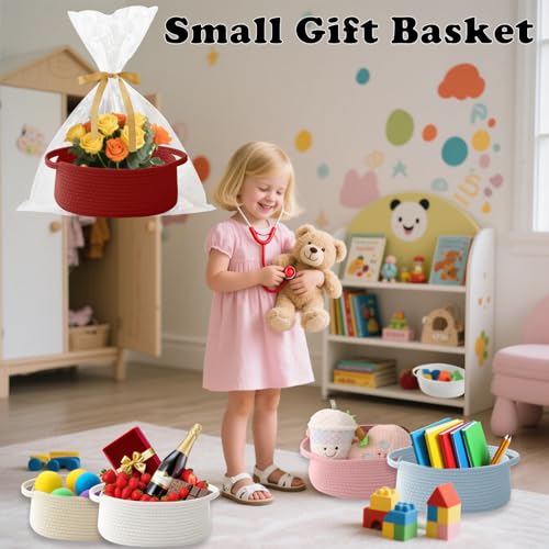 Image of Red Woven Rope Basket - Baby Gift Basket with Bag & Ribbon