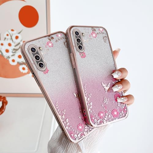 Image of for Note 10 case Case,Galaxy Note 10 case for Women Gradual Change Glitter Crystal Soft TPU Butterfly Floral Heart Clear Protective Cover with Strap for Samsung Galaxy Note 10 (Rose Gold)