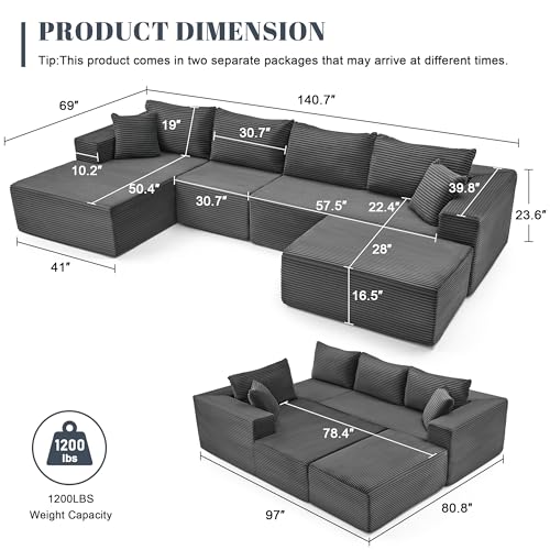 Image of Mangodan 140 inch Cloud Sectional Couch, Modular Sectional Sofa with Deep Seat, Boneless Sofa for Living Room, Fluffy Comfy U-Shaped Couch with Left Facing Chaise, No Assembly Required, Grey