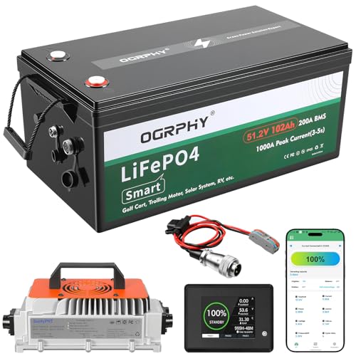 Image of OGRPHY 48V 102Ah Lithium Golf Cart Battery - Conversion Kit w /Built-in 48V to 12V 15A Converter & 200A Smart BMS, APP & Touch Monitor, 18A Fast Charger, 4000+ Cycles, Fits Club Car /EZGO /Yamaha