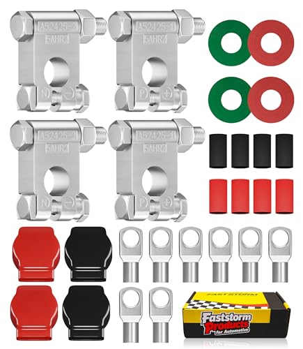 FASTSTORM Military Spec Battery Terminal Top Post Positive Negative Battery Terminals Connectors Heavy Duty Car Battery Connectors with 2 Gauge 3/8 Copper Lugs Heatshrinks Cover and Washers