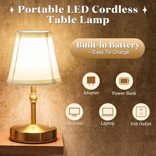 Image of Liliful 2 Pcs Cordless Table Lamp Rechargeable Touch LED Small Gold Portable Battery Operated USB-c Desk Lamp 3 Color Dimmable for Bedroom Living Room Dining (Gold,Weaving Style)