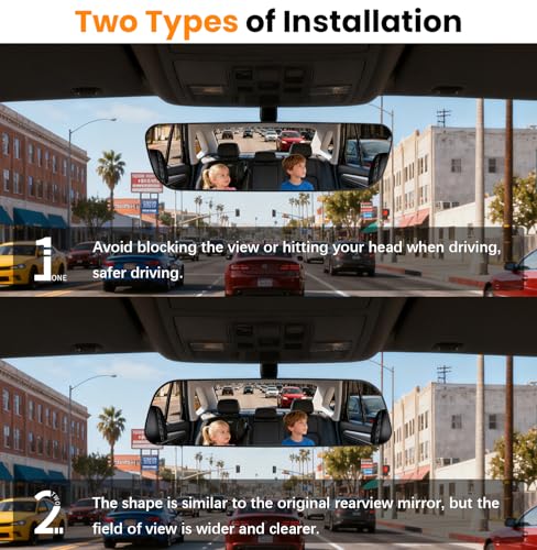 Image of Rear View Mirror, 9.3 Inch Chrome Anti-glare Panoramic Rear Mirrors Universal Convex Car Interior Clip on Extra Big Wide Angle Rearview Mirror Extender to Reduce Blind Spot for Car SUV Truck