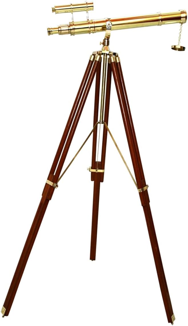 Royal Vinatge Nautical Floor Standing Brass Telescope Double Barrel W/Brown Wooden Tripod Stand Home Decor Griffith Scope Maritime 60" Removable Cap