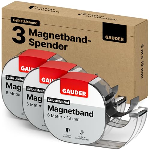GAUDER Magnetband im Spender - Selbstklebender Magnetstreifen für leichte Gegenstände - Zuschneidbare Magnetbandrolle zum Befestigen von Postkarten & Fotos auf Metallflächen (3 Stück je 6 m x 19 mm)
