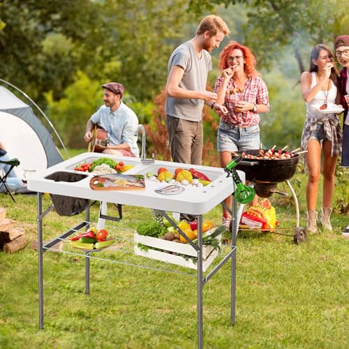 GYMAX Fish Cleaning Table with 2 Sinks, Folding Fish Fillet Cleaning Station with Faucet, Drainage Hoses & Sprayer, Portable Camping Table with Storage for Fishing, Picnic - Thumbnail 2