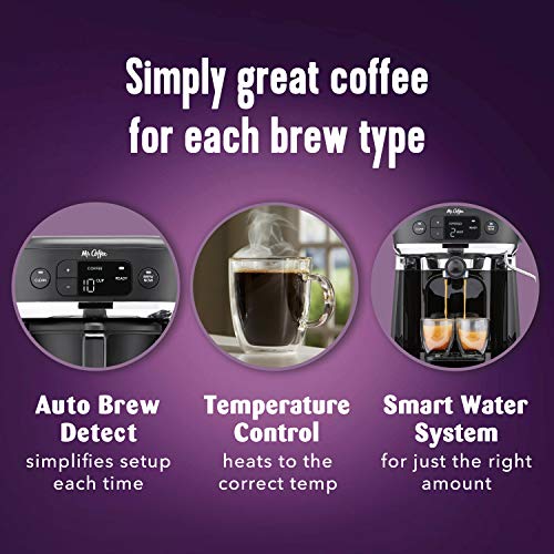 Image of Mr. Coffee All-in-One Occasions Specialty Pods Coffee Maker, 10-Cup Thermal Carafe, and Espresso with Milk Frother and Storage Tray, Black