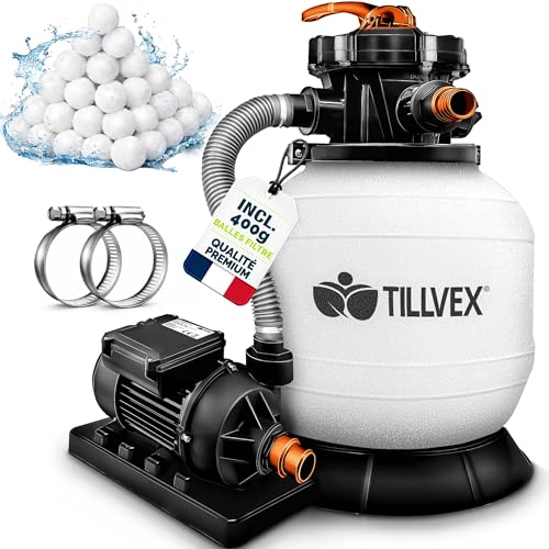 tillvex® Système de Filtre à Sable 7.900L/h + 400g Boules de Filtre | 7 Fonctions de Filtration & Adaptateur 2en1 Ø32-38mm | Filtre de piscine avec indicateur de...