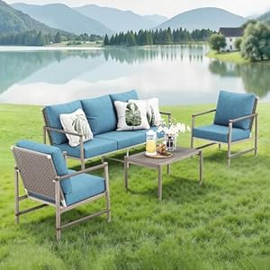 Sophia & William 4-Piece Outdoor Wicker Patio Conversation Set, 3-Seat Sofa, 2 Fixed Sofa Chairs, 31″ Coffee Table, All-Weather Rattan Sofa with Cushions, Patio Furniture for Poolside, Backyard