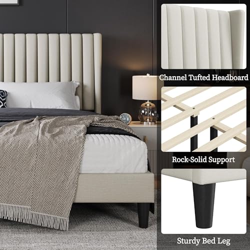 Image of Yaheetech King Bed Frame with Headboard, Ivory Channel-Tufted Platform