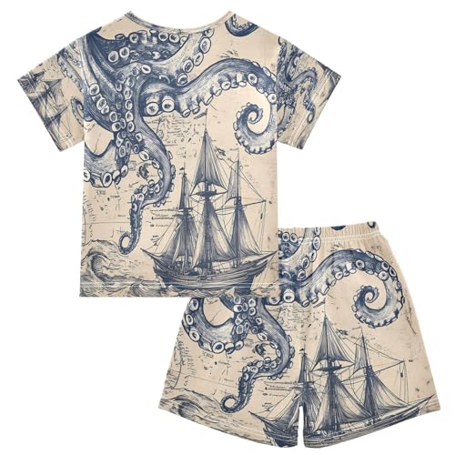 ALAZA Vintage Nautical Octopus Map Watercolor Pajamas Set Short Sleeve Cotton Sleepwear Summer Pjs 2 Piece 5-14Y2