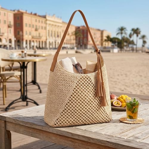 Bolso de verano para mujer, tote tejido grande color marrón miniatura 3
