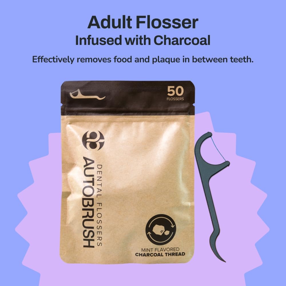 autobrush Charcoal- Mint Dental Flossers for Adults- Floss Picks, for Complete Cleansing and Plaque Removal, Easy-to-Use Design (2-Pack)