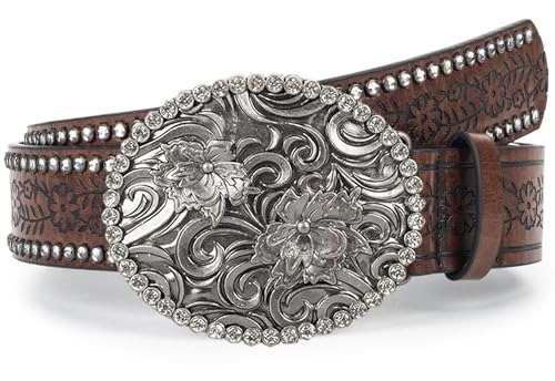 Women Western Cowboy-Cowgirl Rhinestone Belt, Vintage Western Bling Buckle PU Leather Belt Fits Waist 28-38