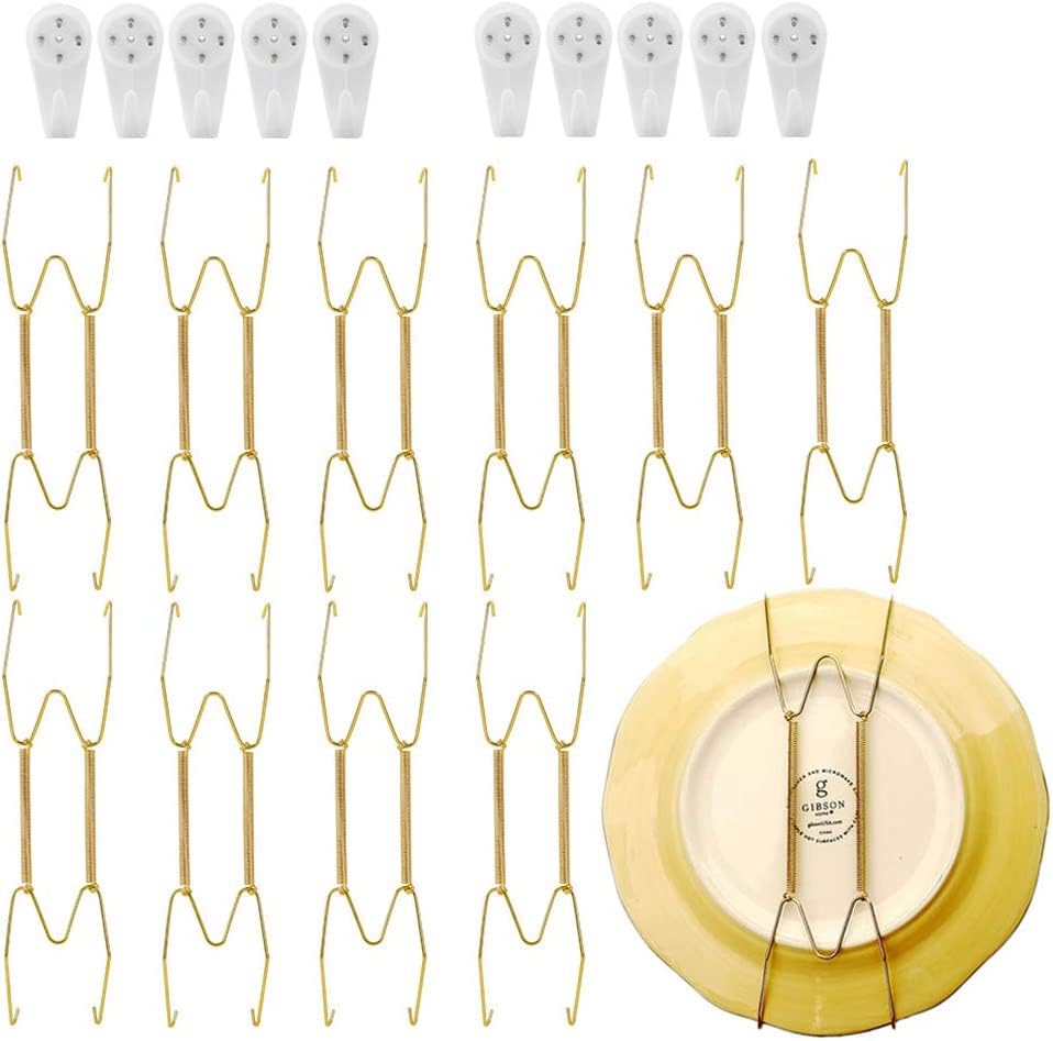 saerryor 10 Pack Plate Hangers for Walls Plate Hangers Stainless Steel Compatible Decorative Plates Hooks Dish Diaplay Holder 8Inch with 10 PCS Wall Hooks(8 Inch Gold)