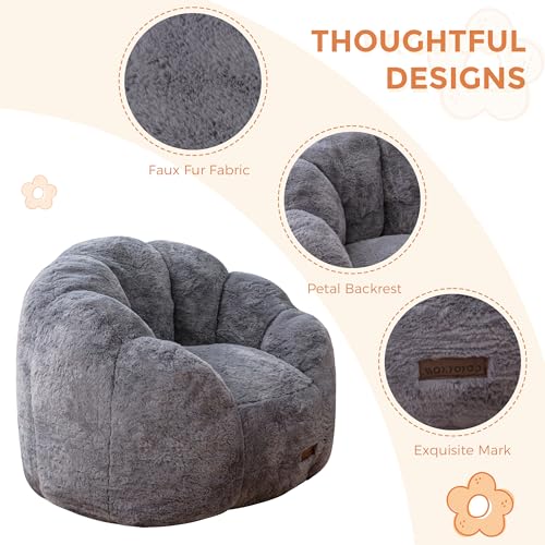 Image of MAXYOYO Kids Bean Bag Chair, Floral Shaped Bean Bag Sofa, Plush Faux Fur Toddler Couch with Petal Backrest for Boys Girls, Stuffed Cozy Sofa for Nursery, Bedroom, Grey
